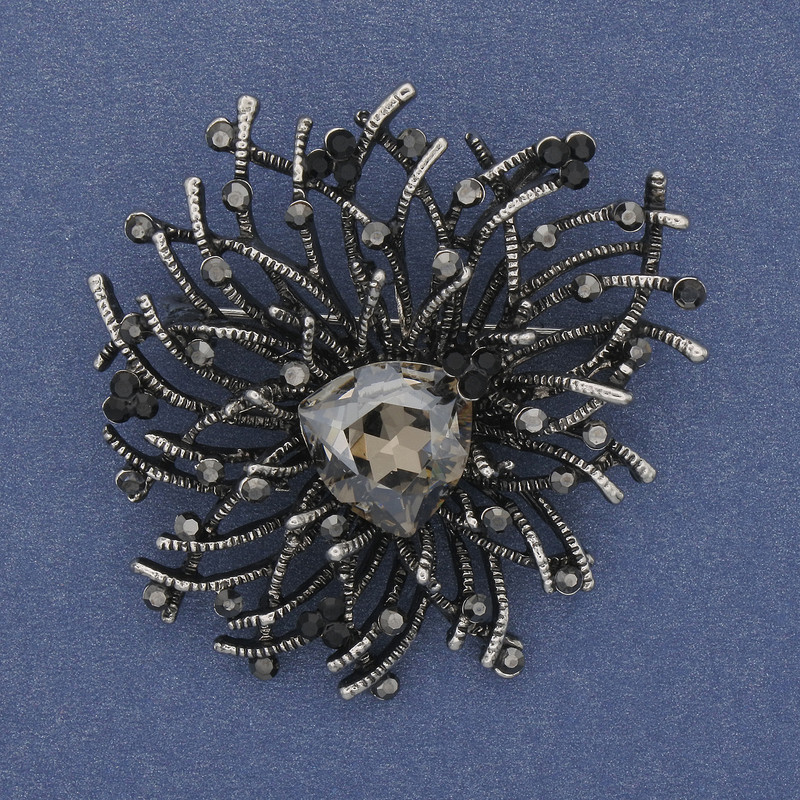 Brooch pendant Accent with gray crystal gray rhinestones silver metal 47×42mm+