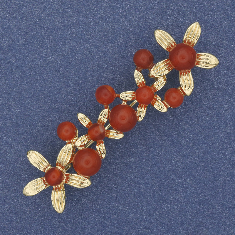 Brooch 'Flowers' Carnelian with Golden Metal 55×17mm+