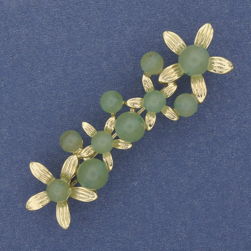 Brooch Flower Jade Golden Metal 55x17mm+