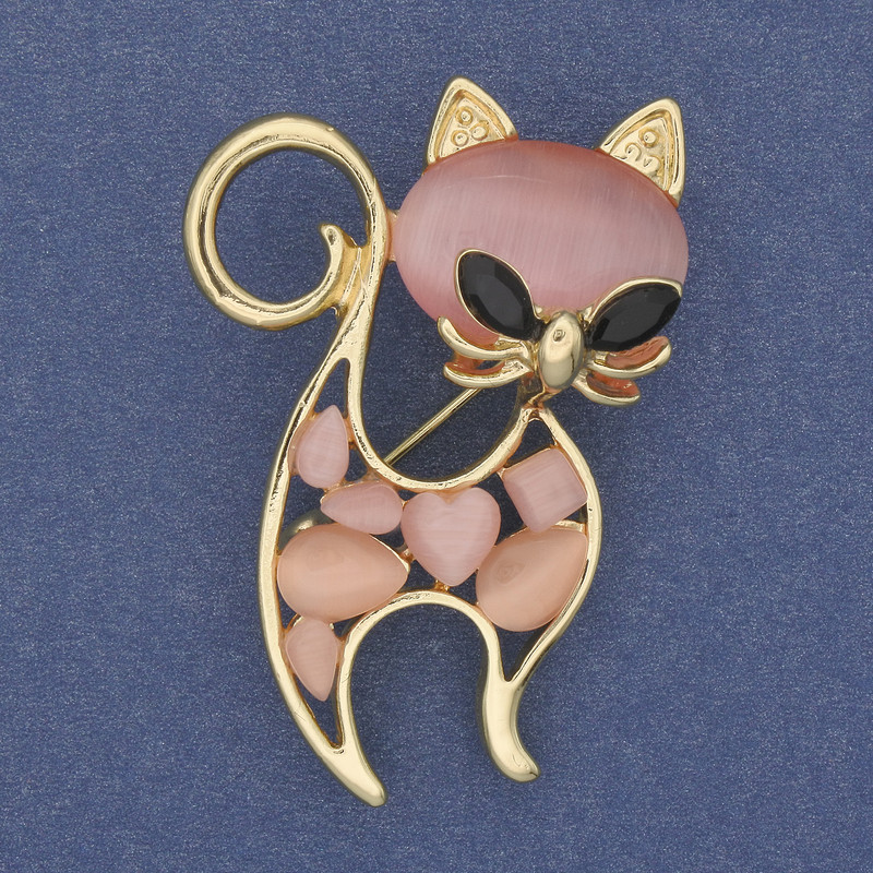 Brooch Pendant Cat Pink Cat's Eye Crystal Gold Metal 45x30mm+