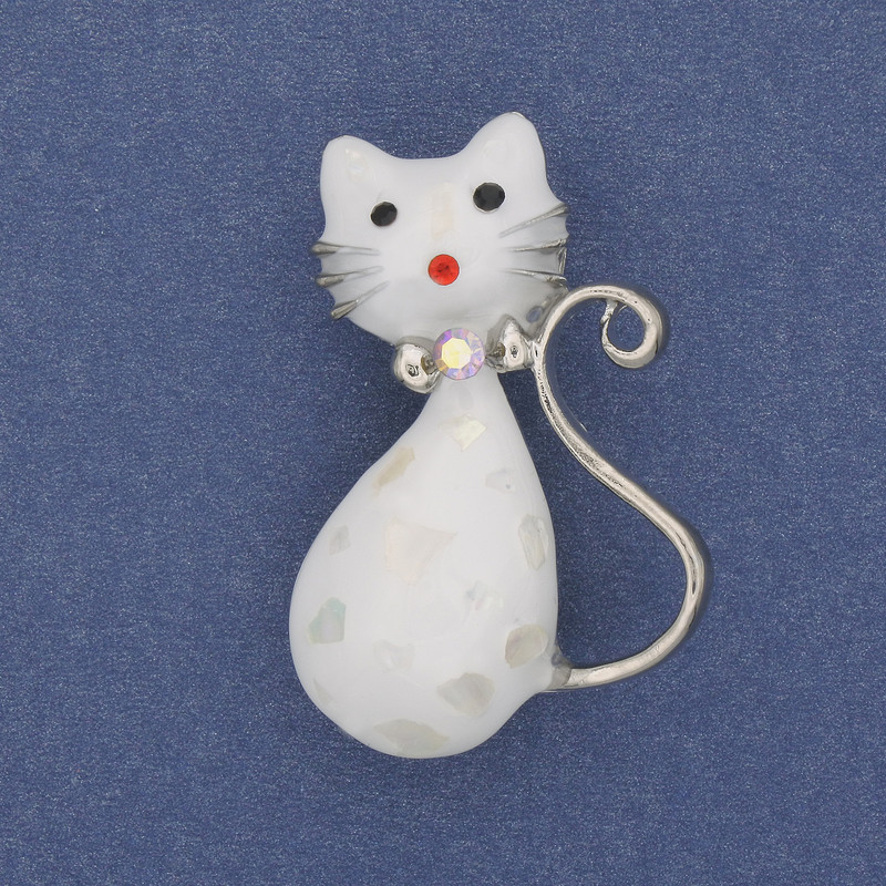 Brooch 'Cat' Chalcedony, Silvery Metal 38x25mm+