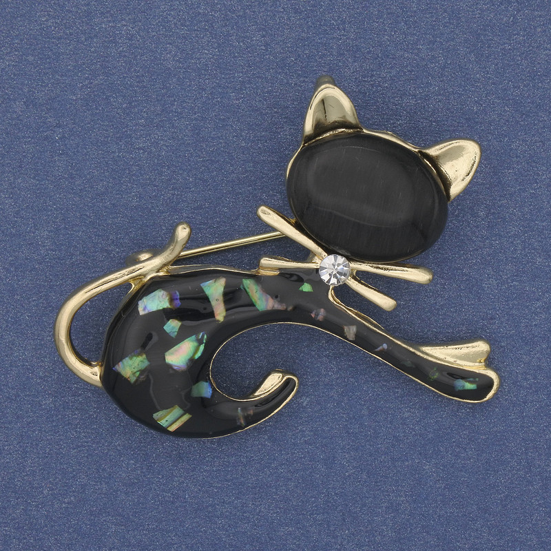 Brooch Cat Chalcedony Cat's Eye Golden Metal 43x34mm+