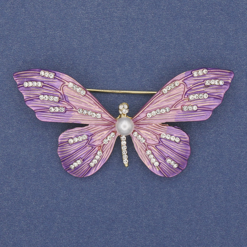 Butterfly Brooch with Crystals and Enamel on Gold-Tone Metal 60x35mm