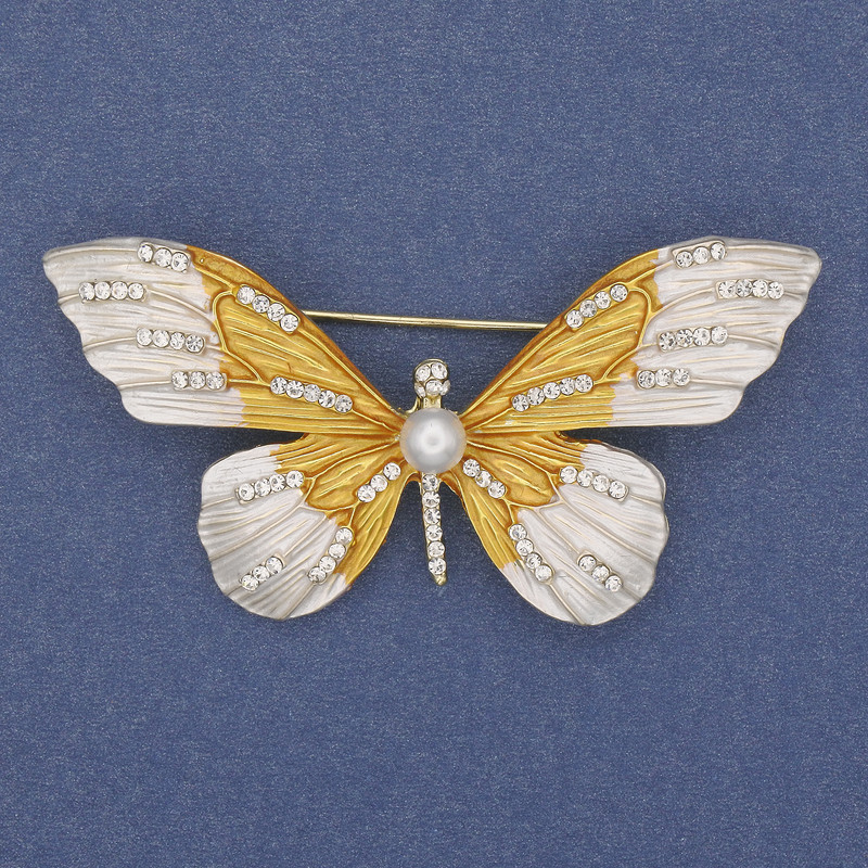 Brooch Butterfly White Rhinestones Enamel Gold-tone Metal 60x35mm+