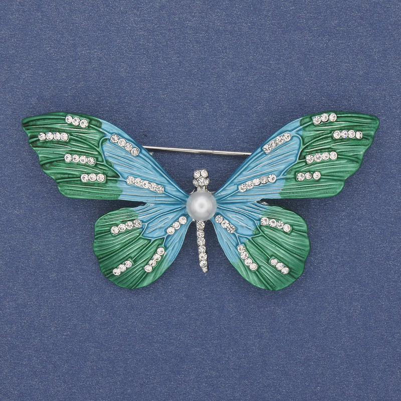 Brooch Butterfly with crystals and enamel, silver-tone metal 60x35mm+