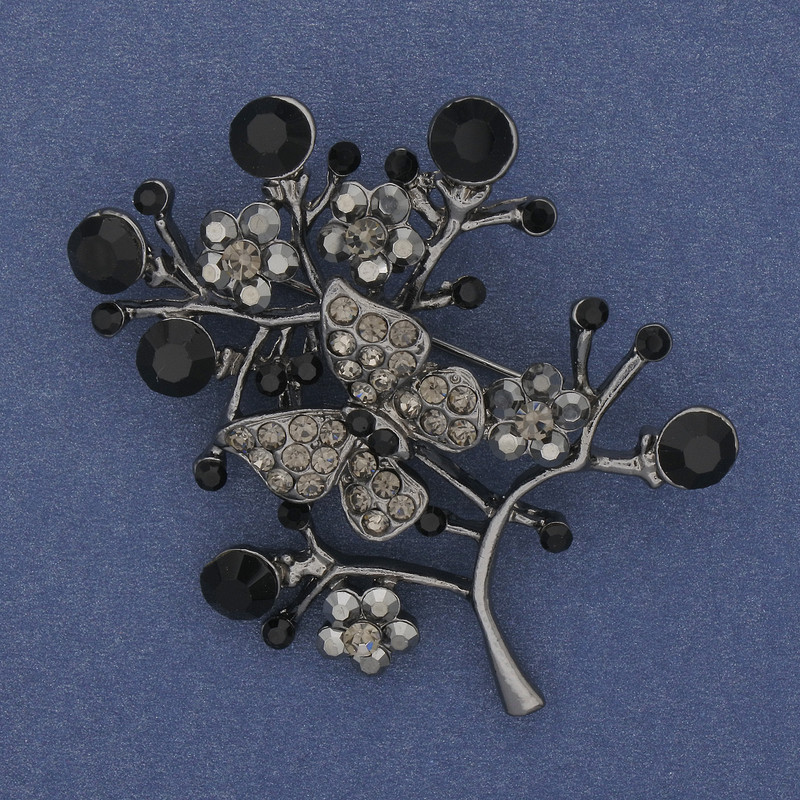 Brooch - Branch with a Butterfly, gray and black rhinestones, silver metal 54x40mm+