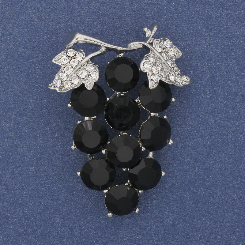 Brooch Grapes with White and Black Rhinestones on Silver Metal 50x40mm+