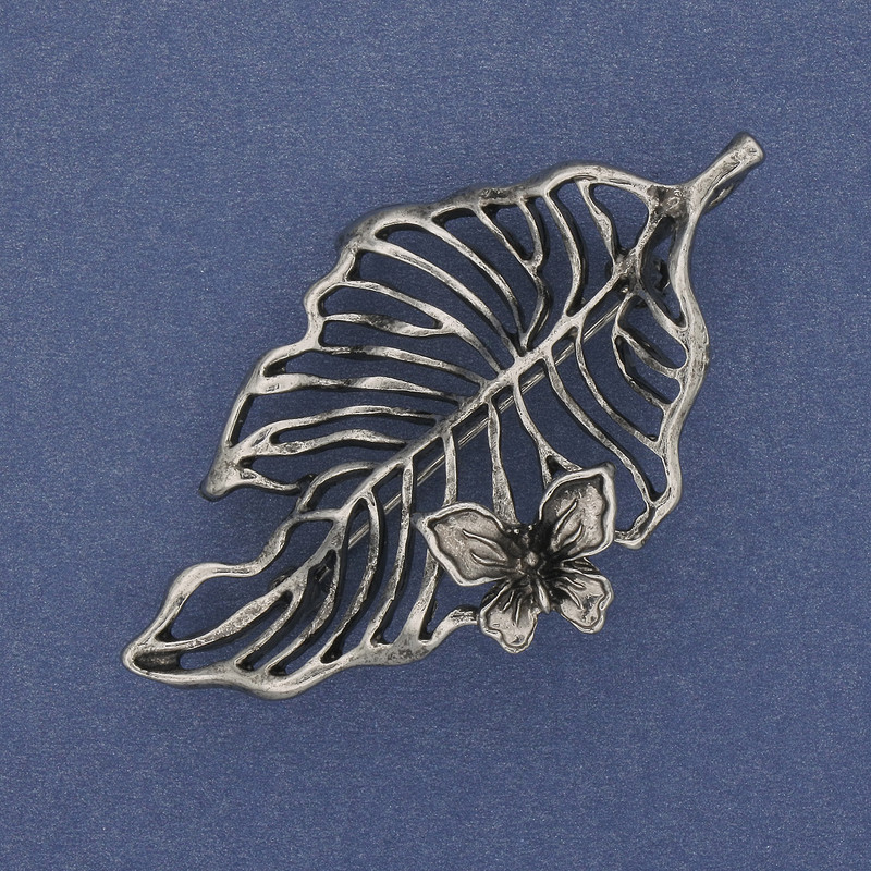 Brooch Pendant Leaf with Butterfly Silver Metal 61x35mm+