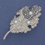 Brooch Leaf with White Pearls, Rhinestones, Silver Metal 68x34mm+