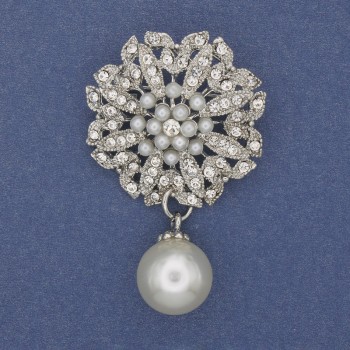 Brooch Accent with pendant Pearl and Rhinestones Silver-metal 33x53mm+