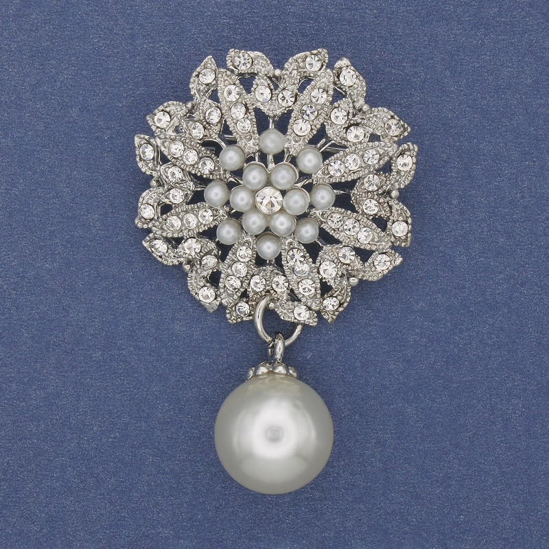 Brooch Accent with pendant Pearl and Rhinestones Silver-metal 33x53mm+