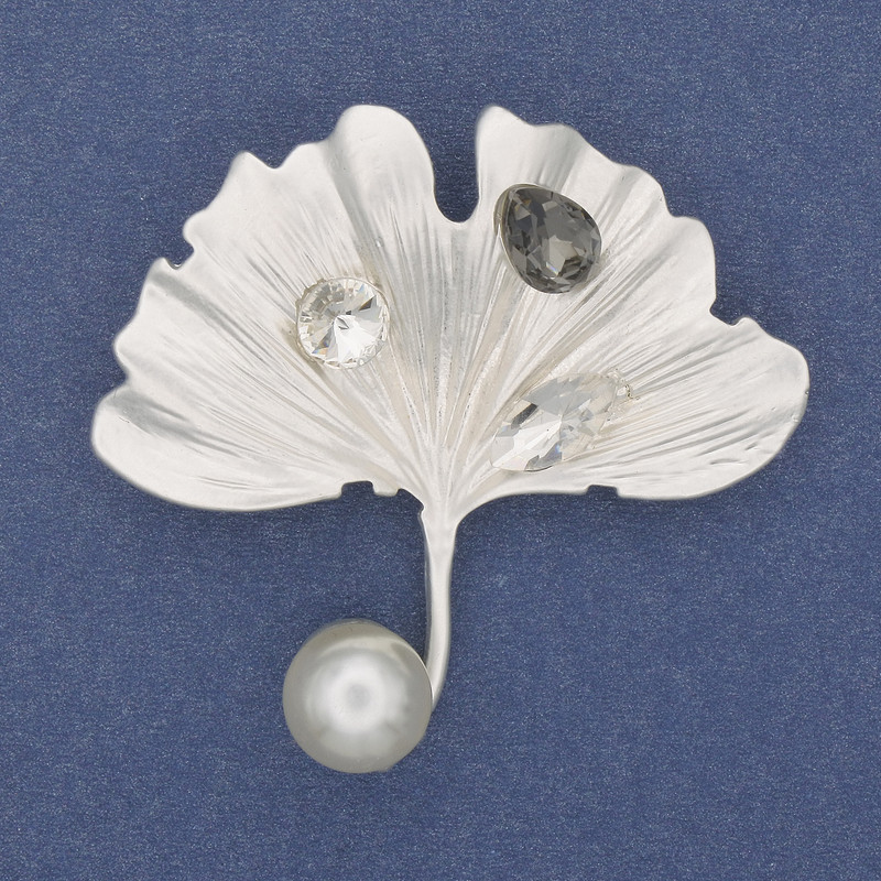 Brooch Leaf with White Pearl Crystals Silver Metal 45x45mm+
