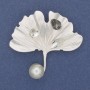 Brooch Leaf with White Pearl Crystals Silver Metal 45x45mm+