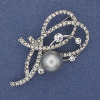 Brooch Accent with Gray Pearl and White Crystals, Silver Metal 60x32mm