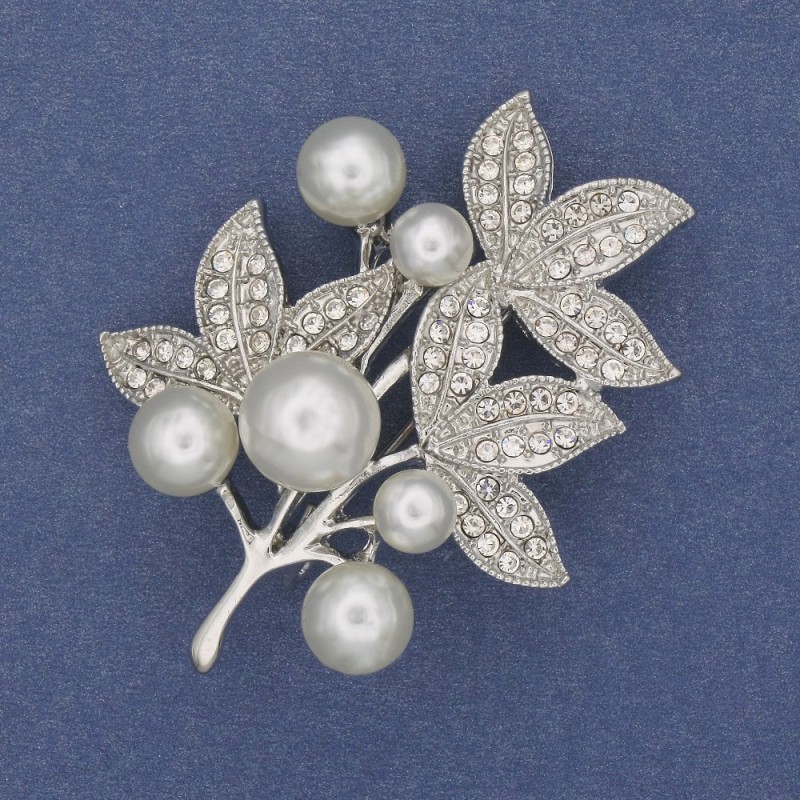 Brooch sprig with white pearls and crystals, silver metal 50x35mm