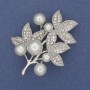 Brooch sprig with white pearls and crystals, silver metal 50x35mm