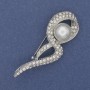 Brooch with White Pearl and Rhinestones, Silver Metal 55x20mm