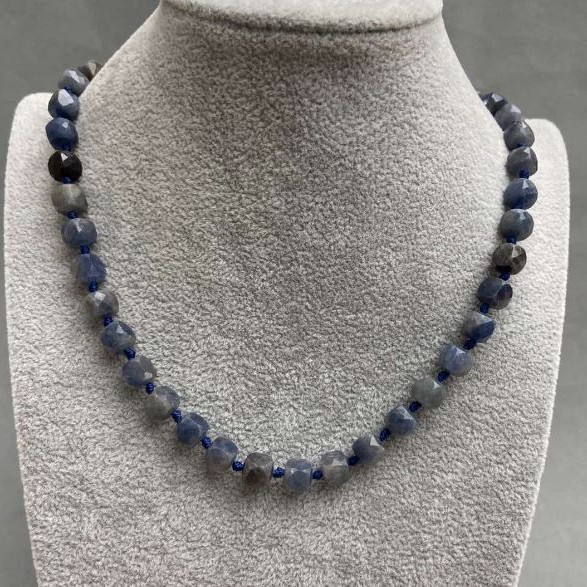 Necklace with Faceted Sapphire Cube 7x7mm, ~45cm length with clasp