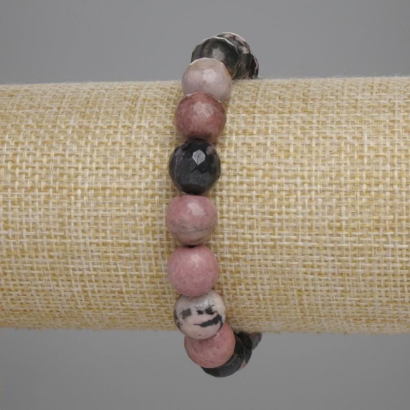 Rhodonite Beaded Bracelet with Faceted Balls, 10mm diameter, 18cm length, stretch