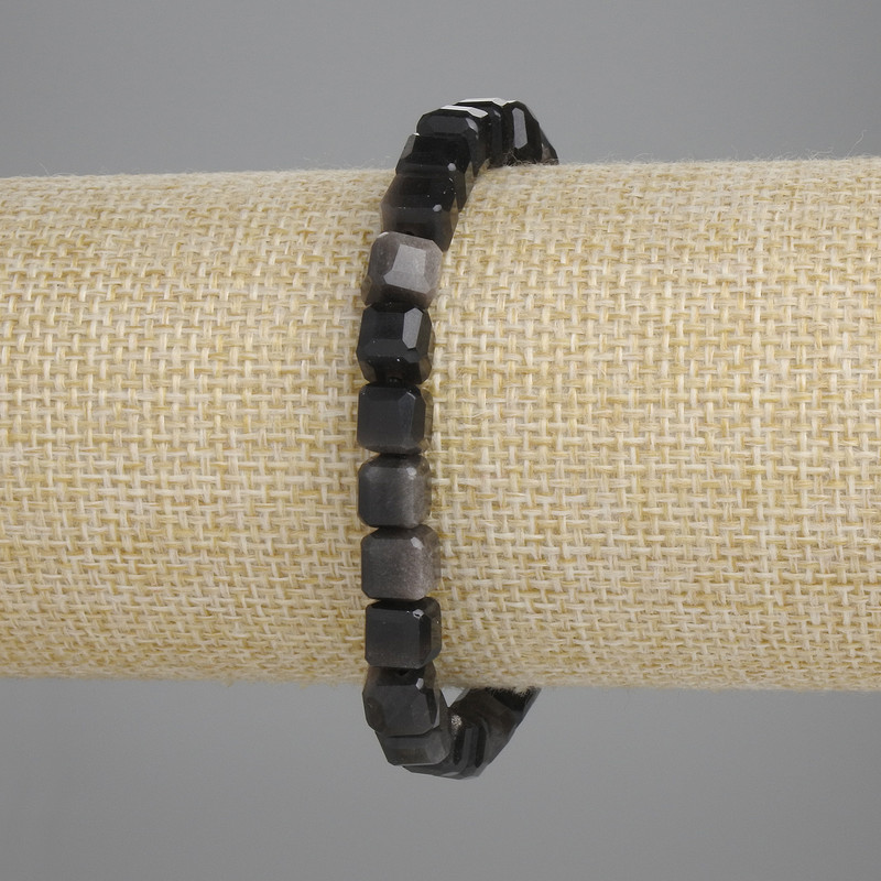Bracelet, Silver Obsidian, Faceted Cube, diameter 6x6mm, length 18cm, stretch