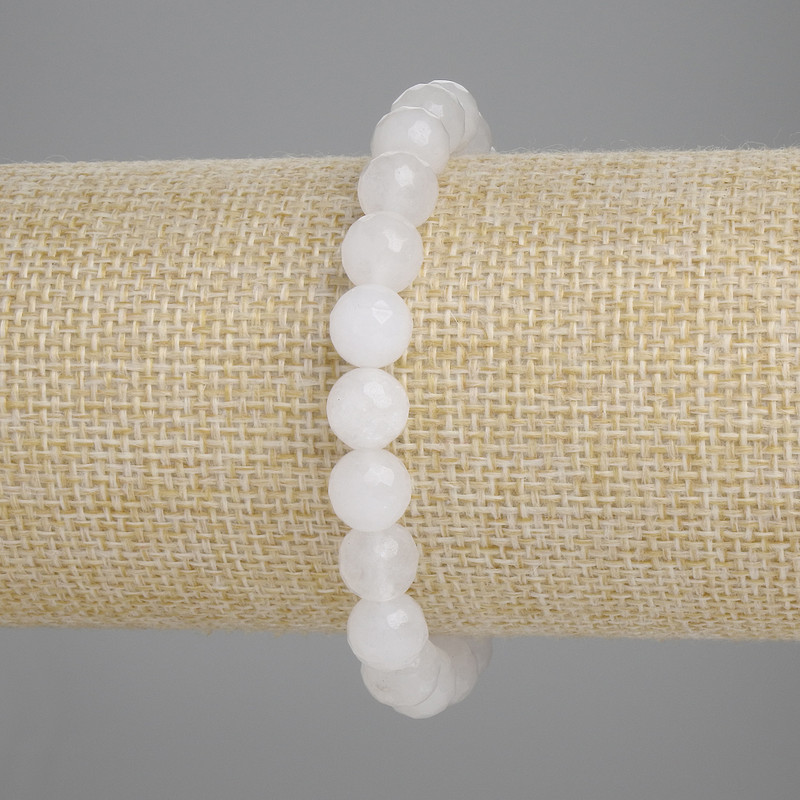Bracelet White Quartz Faceted Bead, 8mm diameter, 18cm length, stretch