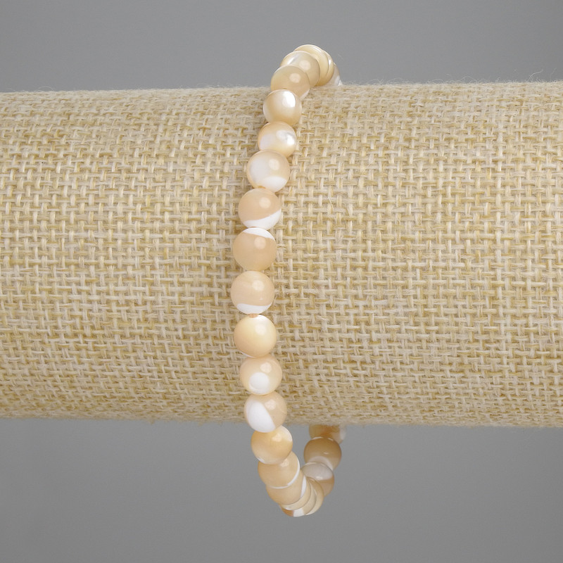 Bracelet Mother of Pearl Beige Smooth Bead, 6mm diameter, +/-, length 18cm +/- stretch