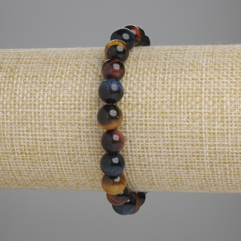 Bracelet Bull's Eye, Tiger's Eye, and Hawk's Eye with smooth beads, diameter 8mm±, length 18cm±, stretch
