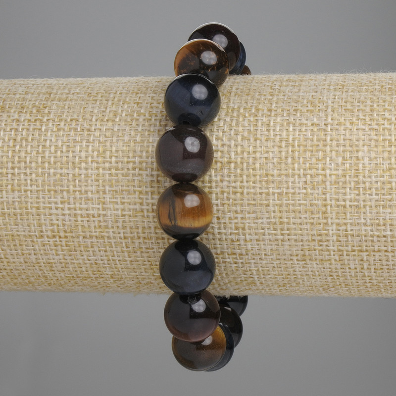 Bracelet with Bull’s Eye, Tiger’s Eye, and Hawk’s Eye, smooth beads, diameter 12mm±, length 18cm± stretch