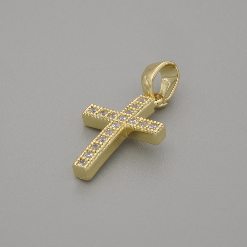 Cross Pendant with White Rhinestones on Gold-Tone Metal, 16×10 mm ±, length 20 mm ±