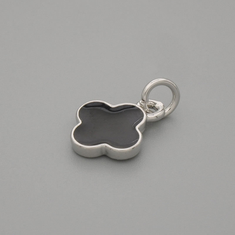 Pendant Clover, black color with silver metal, diameter 10x10mm ±, length 15mm ±