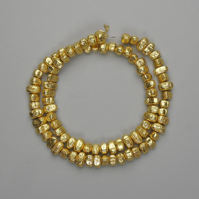 Lava Beads with Golden Metallic Coating, Porous Tubular Beads 6.5-8.5mm, 39 cm length