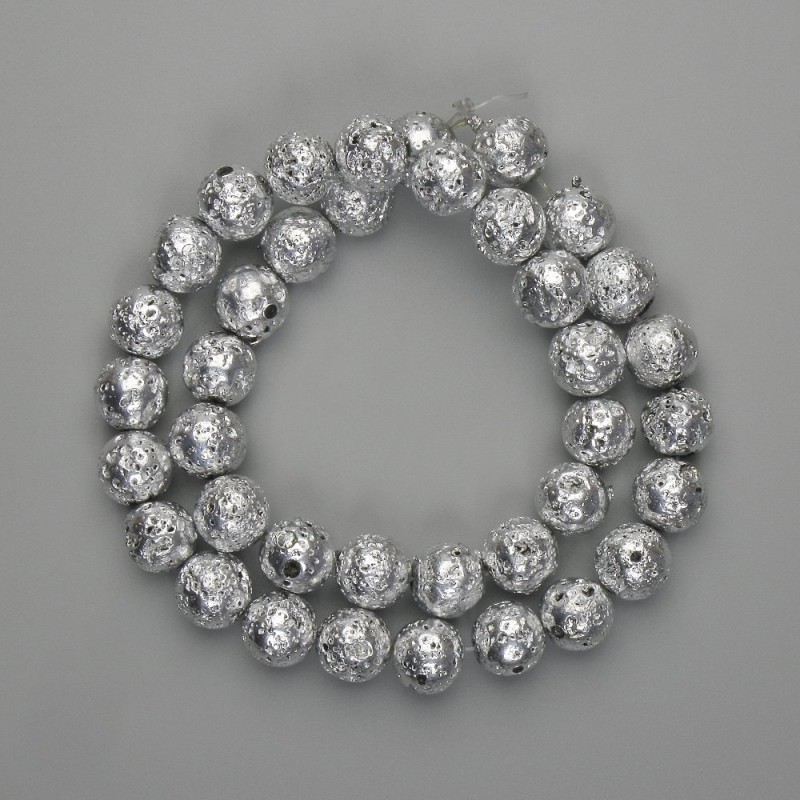 Lava Beads with Silver Plating, Porous Round Bead 10.5 mm ±, 39 cm length