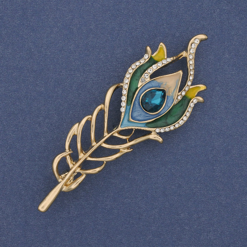Brooch Feather with enamel and crystals in golden metal 72x24mm +