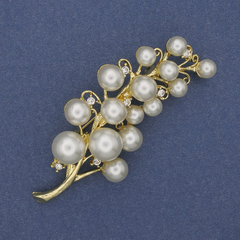 Brooch 'Twig of Mallorca' with rhinestones, golden metal 70x28mm +