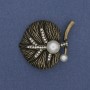 Brooch Leaf with Pearls and Rhinestones Bronze Color 37x42mm+