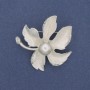 Brooch Leaf with Pearl, Rhinestones, Enamel, Silver-toned Metal 46mm+