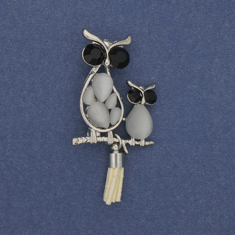 Brooch Pendant Owl with Cat's Eye Stone, Silver Metal, 24mm diameter ±, 50mm length ±