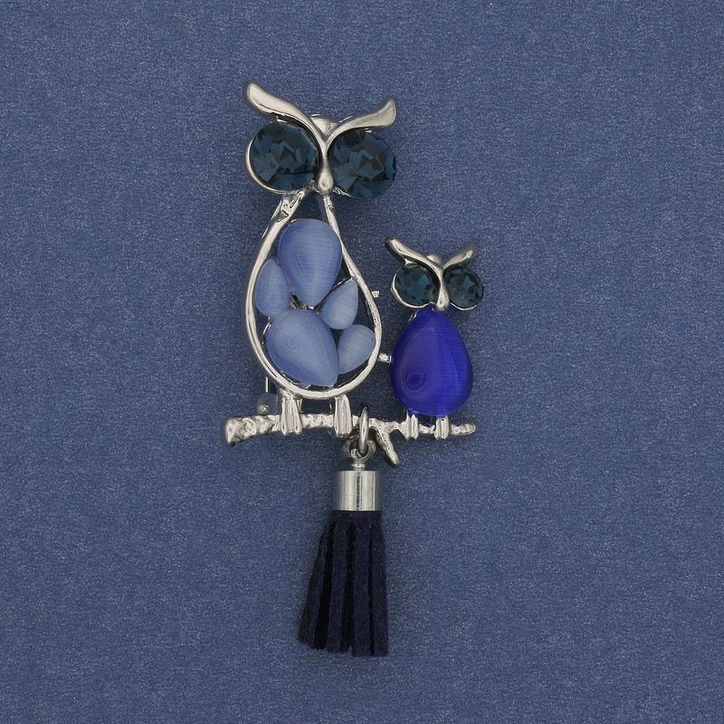 Brooch Pendant Owl Cat's Eye Stone with Crystals Silver Metal, diameter 24mm+-, length 50mm+-