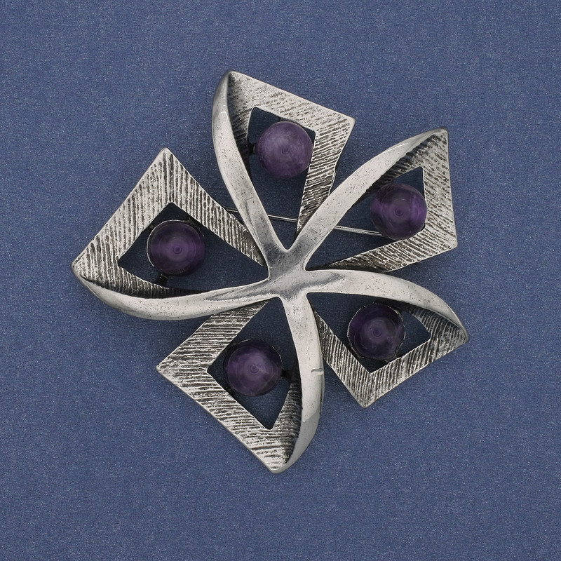 Brooch Accent Amethyst Silver Metal 60mm+