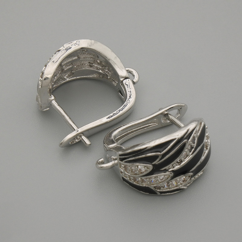 Earring hooks for earrings with white rhinestones and black enamel, silver-tone metal 15×9.5 mm ±, pair