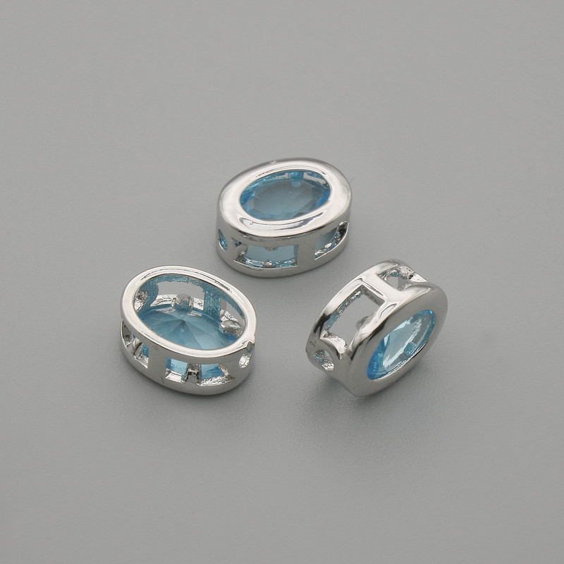 Bead Insert with Blue Crystal, Silver Metal Oval, 9×7 mm ± hole 1.3 mm, per piece