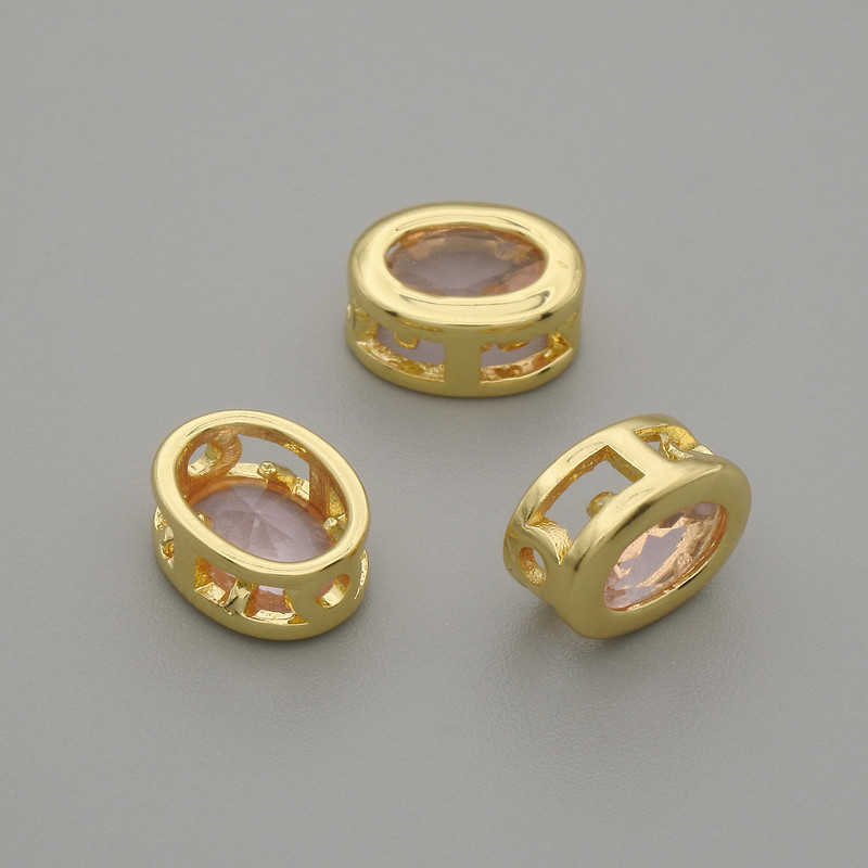 Bead Inlay with Pink Crystal in Gold Frame, Oval 9×7mm±, Hole 1.3mm±, per 1 piece