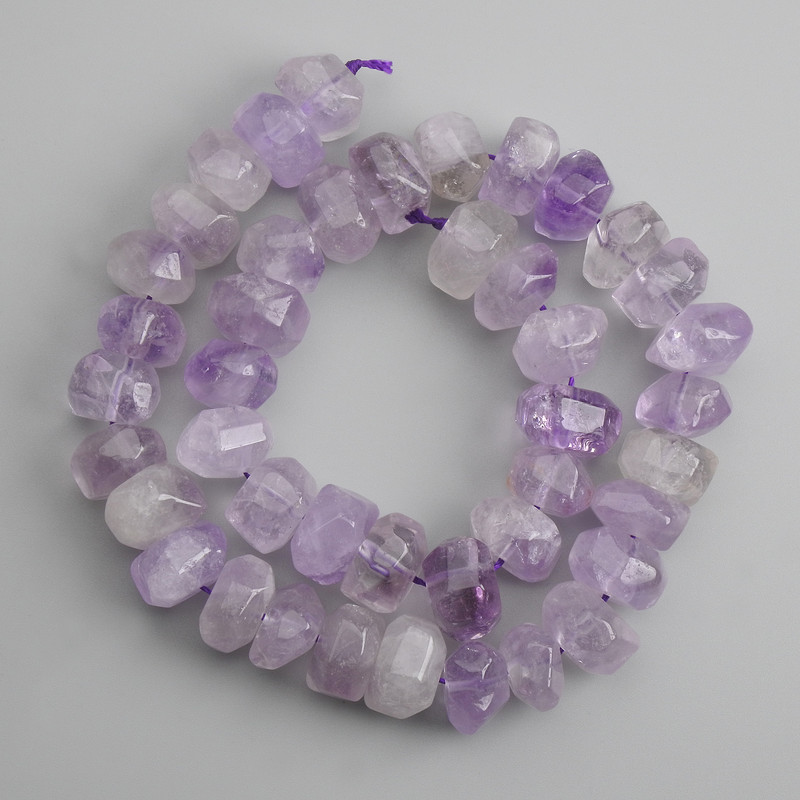 Amethyst Faceted Beads, 13–14 mm diameter, 5×8, 5–9, 5 mm±, thread length 39 cm ±