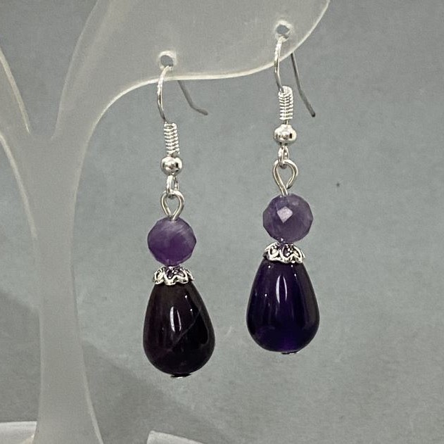 Amethyst Drop Earrings 15x10mm+- faceted 6mm+- round bead, length 40mm+-