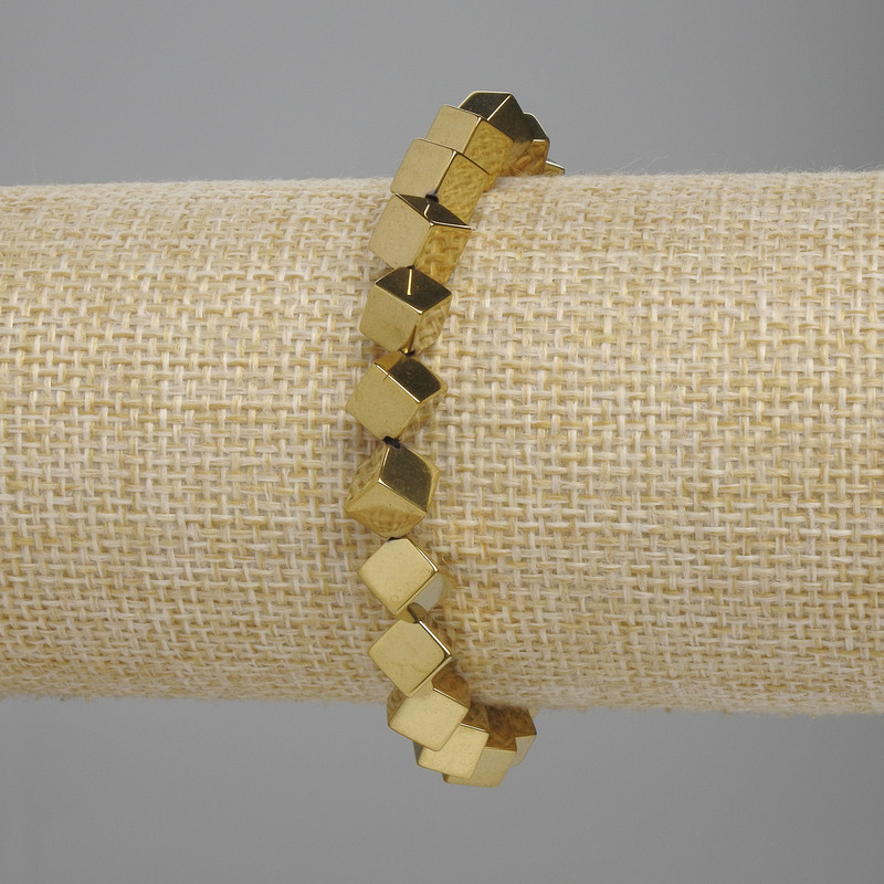 Hematite bracelet cube with cross hole 5, 5×5, 5 mm± golden color, length 18 cm± stretch