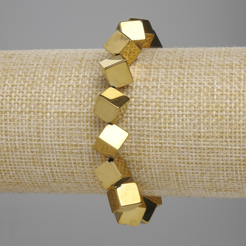 Hematite bracelet cube with transverse hole 8x8mm+- golden color, length 18cm+- stretch