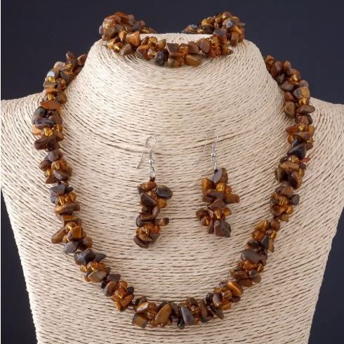 Set "Three" Tiger's Eye natural stone "stone rubble" necklace+earrings+bracelet