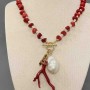 Coral necklace with chip beads, diameter 8–10 mm ± River pearls oval, diameter 4×3 mm ± with pendants Branch and Baroque pearl, length 43 cm + Toggle clasp