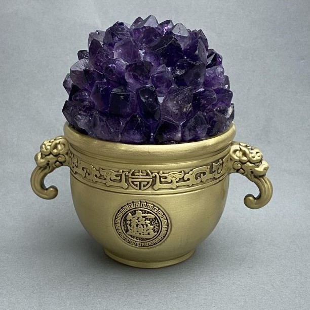 Amethyst druse in a decorative metal bowl with handles in an oriental style 105x70x105 mm+