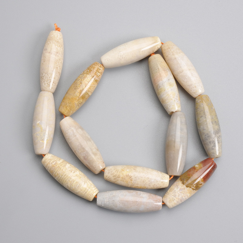 Fossilized coral beads, elongated oval 30×10mm ±, length 38cm ± on a string